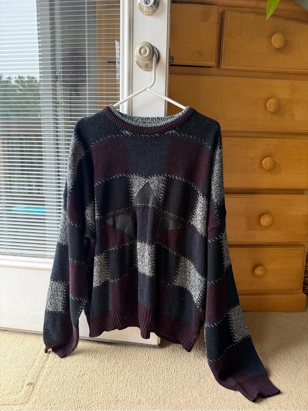 Impact vintage Men's Crewneck Sweater in Black and Dark Plum with Gray Stripes